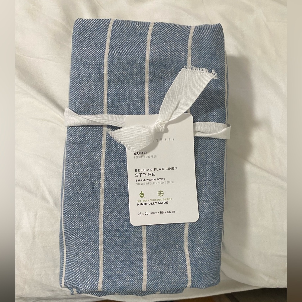 Pottery Barn Pillow Case | Belgian Linen Stripe Standard Sham Chambray/Flax